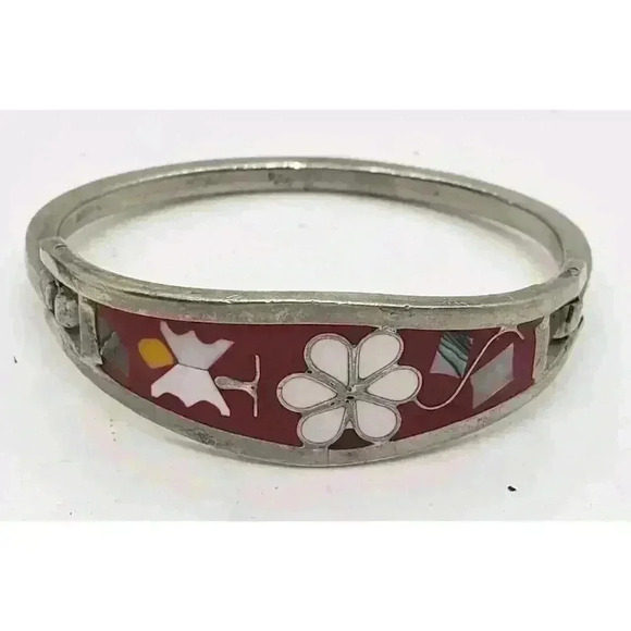 Vintage Child Bracelet 925 Sterling Silver Abalone Enamel Clamper Baby Gift - Picture 1 of 7